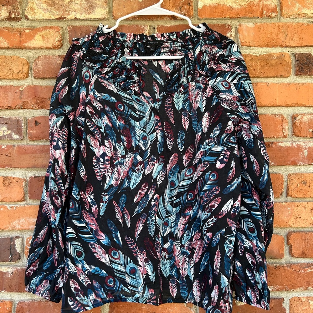 Talbots Black Feather Print Blouse LP